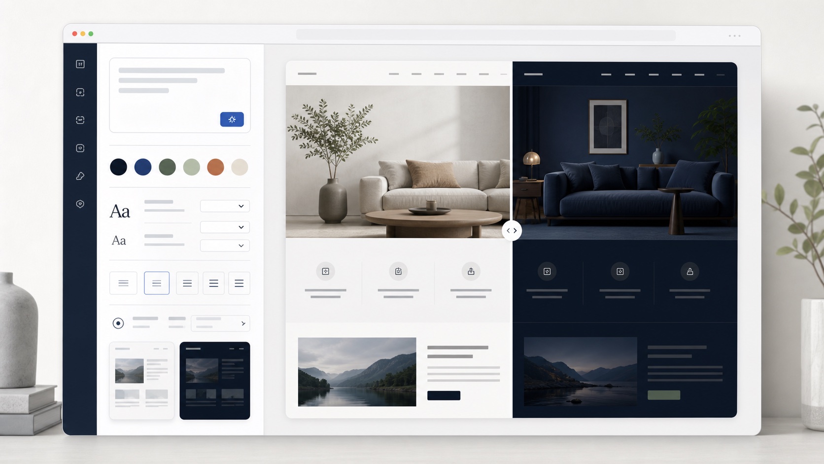AI website theme editor with palette controls and a detailed before-and-after preview
